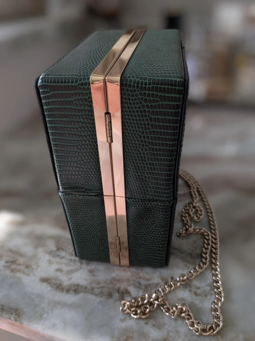Topshop Dark Green Patchwork Box Satchel with Gold Chain